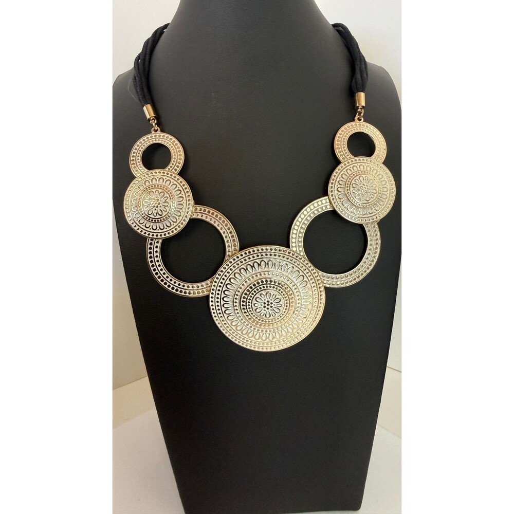 Signed St. Thomas Gold Tone Medallion Statement Necklace Black Cord